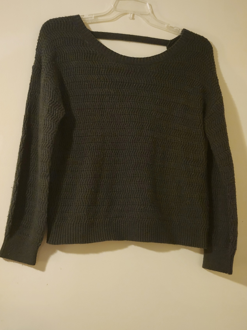Pink Rose Dark Green Textured Open-Knit Crewneck Sweater L
